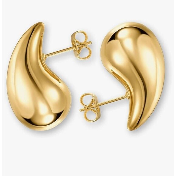 Waterdrop Earrings Teardrop Pierced‎ Chunky Gold Plated - Picture 1 of 6